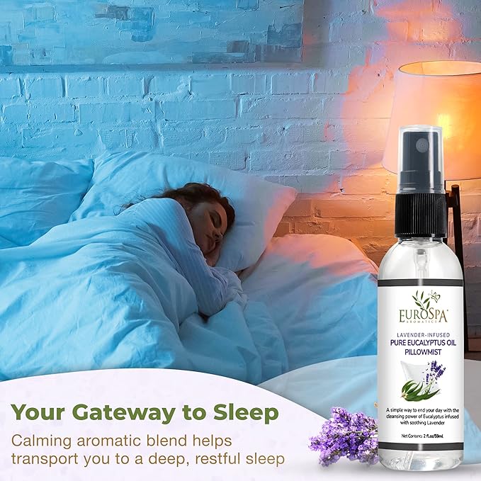 EuroSpa Aromatics Lavender-Infused Pure Eucalyptus Oil Pillow Mist Sleep Spray - Deep Sleep Pillow Spray - Lavender Bed Spray - Lavender Spray Sleep Mist - Lavender Linen Spray for Bedding - 2oz