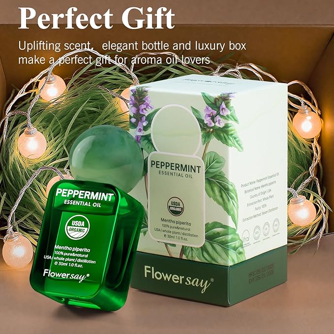 Flower Say Peppermint Essential Oil for Diffuser, USDA Organic Mint Oil for Hair Growth, 100% Pure Peppermint Oil for Skin, Aromatherapy, Candle Making & Garden Care-30ml