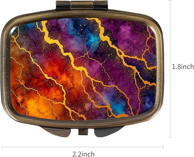Dynippy Pill Case Pill Box with Mirror Retro Pocket 2 Compartment Medicine Case Vitamin Pill Organizer for Pocket Purse and Travel (A-Colourful Marble Pattern)