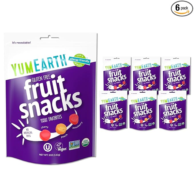 YumEarth Organic Fruit Snacks, 5oz. (Pack of 6), Allergy Friendly, Gluten Free, Non-GMO, Vegan, No Artificial Flavors or Dyes,5 Ounce (Pack of 6)