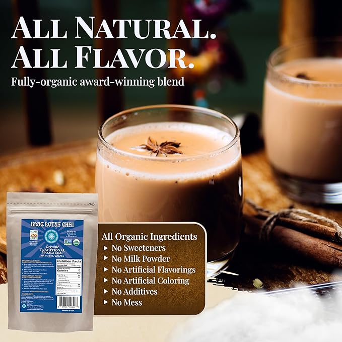 Blue Lotus Chai – Fully Organic Traditional Masala Chai - Makes 265 Cups – Just Add Hot Water, No Steeping, No Gluten - 8 Ounce Masala Spiced Chai Powder with Organic Spices – Authentic Indian Tea
