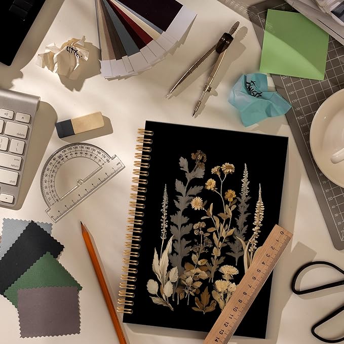 Dark Botanical Notebook Journal - Black Moody Notebook, Vintage Botanical Cottagecore Spiral Notebooks, Vintage Notebooks Gifts for Women, Dark Academia School Office Supplies, 6x8.2In