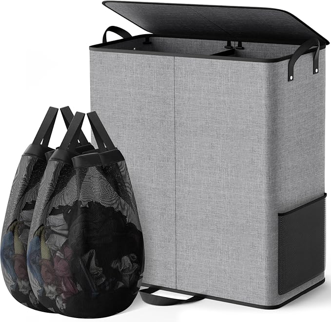Large Double Laundry Hamper with Lid, Removable Bags & Reinforced Handles, 2 Section Tall Laundry Basket, Dirty Clothes Hampers for Laundry Room, Bedroom, Bathroom, Dorm, 155L, Gray