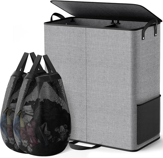 Large Double Laundry Hamper with Lid, Removable Bags & Reinforced Handles, 2 Section Tall Laundry Basket, Dirty Clothes Hampers for Laundry Room, Bedroom, Bathroom, Dorm, 155L, Gray