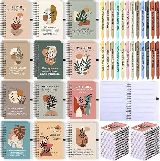 Kosiz 48 Pcs/24 Set Positive Affirmation Gifts Gratitude Spiral Notebooks with Pens Motivational Encouragement Notepads Daily Affirmations Journal for Women (Plant)