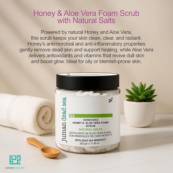 Juman Dead Sea Minerals Premium Aloe Vera & Honey Body Scrub | Gently Exfoliates and Renews Skin | Foam Scrub | SlS & Paraben Free | Vegan | 11.46 Oz
