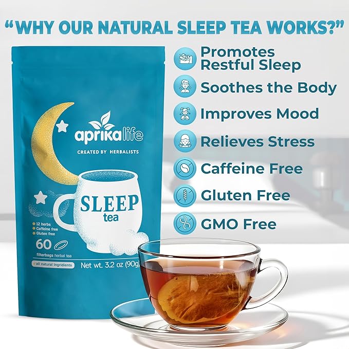 Aprika Life Sleep Tea for Bedtime Relaxation & Stress Relief – Natural Caffeine-Free Herbal Nighttime Tea with Chamomile, Lavender, Mint & Hibiscus – No Melatonin Sleep Aid – Relaxing Tea Bags 60 Pack