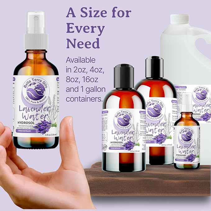 Bella Terra Oils Premium Lavender Water Hydrosol – 1gallon, Steam Distilled, Refreshing Skin Tonic, Soothing Aroma, Hydrating for Skin