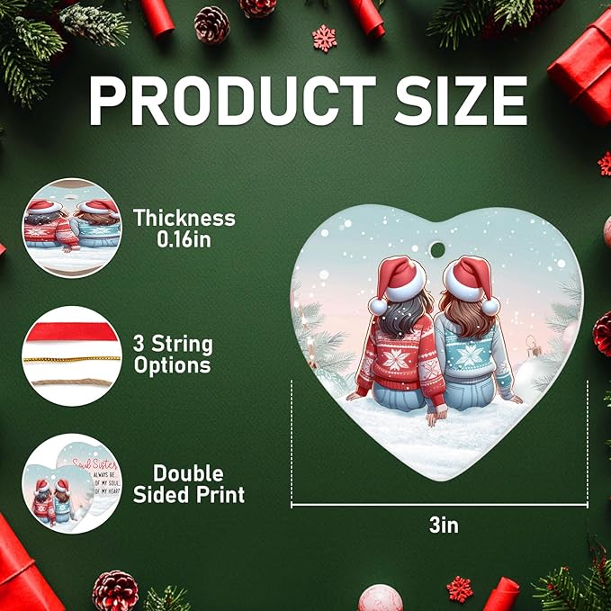 34HD Gifts for Christmas, Sisters Christmas Ornament Heart-Shaped Ceramic 2-Side Printed, Gifts for Best Friends, Besties, Sisters, Christmas Decorations