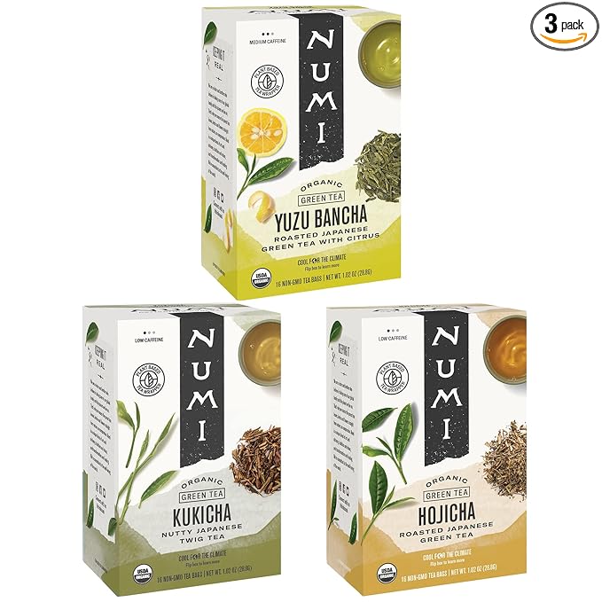 Numi Organic Roasted Japanese Green Tea Variety Pack, Hojicha, Yuzu Bancha & Kukicha, 16 Count (Pack of 3)