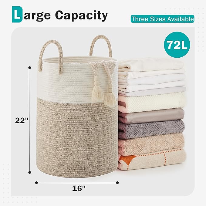 Cotton Rope Laundry Basket by YOUDENOVA, 72L Woven Collapsible Laundry Hamper, Clothes Hamper with Reinforced Handles in the Laundry Room, Bedroom, Bathroom, Brown