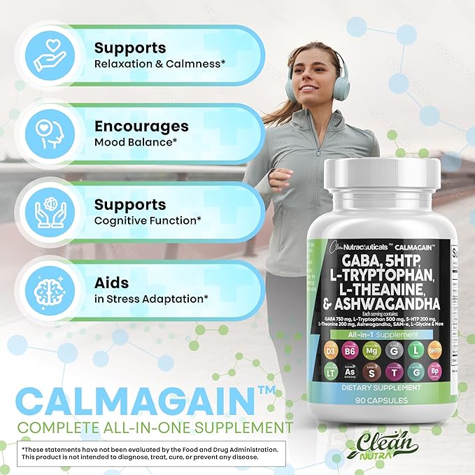 Clean Nutraceuticals GABA 750mg 5 HTP 200mg L Tryptophan 500mg L Theanine 200mg Ashwagandha SAM-e L-Glycine - Mood Support Vitamins for Women and Men with L-Tyrosine 5-HTP (5-Hydroxytryptophan)