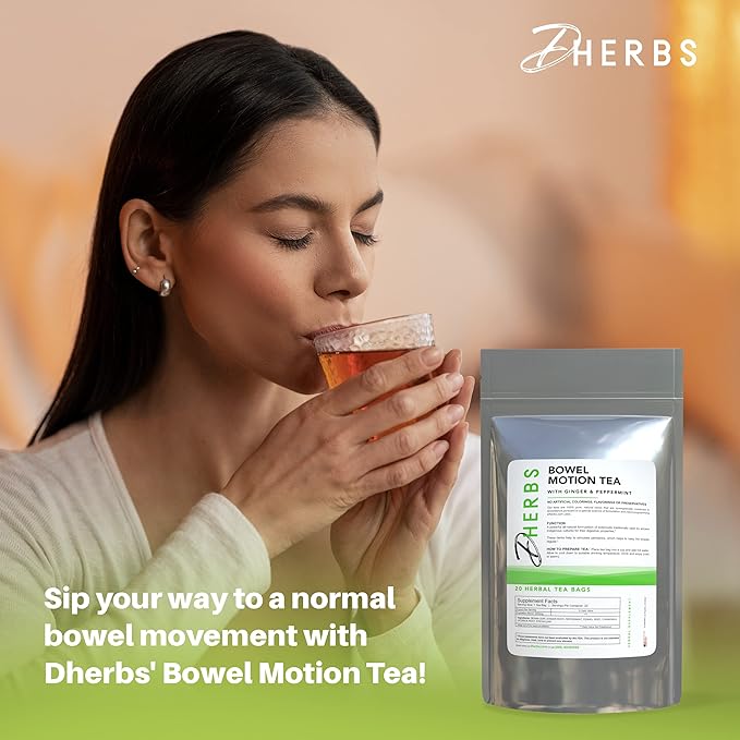 Dherbs Bowel Motion Tea Detox Drink, 20 Herbal Tea Bags (1 Pack) - Made with Senna Leaf, Ginger Root, Peppermint & More for Colon & Stomach Cleanse