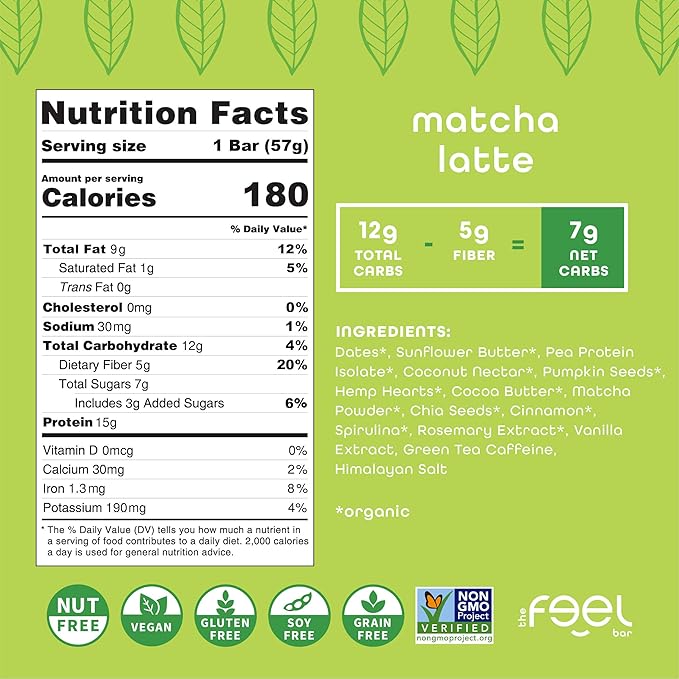 Feel Vegan Protein Bars | Matcha Latte | Keto | Gluten Free | Organic | 15g Plant Protein | Low Carb | High Protein | Dairy Free | Low Sugar | Nut, Grain, Soy Free | Non GMO | 10 Pack