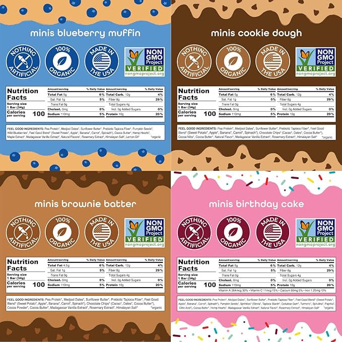 FEEL Kids Protein Bars Minis | Variety Pack | 10g Plant Protein | 100 Calories | No Added Sugar | Daily Veggies | Gluten Free, No Nuts, No Soy, No Dairy, No Grains (Pack of 12)