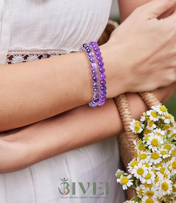 Bivei Natural Gemstone Semi Precious Healing Crystals Handmade Stretchy Round Beads Bracelet, Enhance Positive Energy