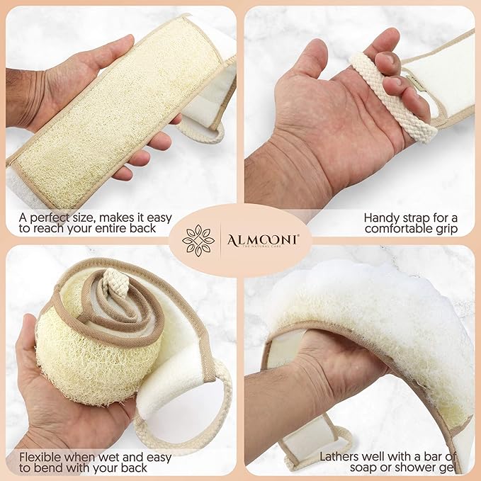 Almooni Natural Egyptian Loofah Back Scrubbers for Use in Shower, Exfoliating Natural Loofah Back Scrubber for Shower for Men and Women to Clean Your Back Deeply - 1 Count (1 Pack)
