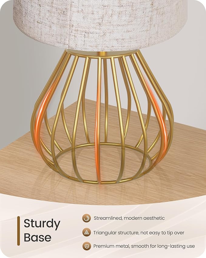 Bedside Table Lamp, 12.6'' Small Table Lamp with Beige Linen Lampshade & Gold Teardrop Cage, Modern Small Little Cute Desk Lamp for Bedroom, Living Room, 2700K LED Bulb Included DE06TL05