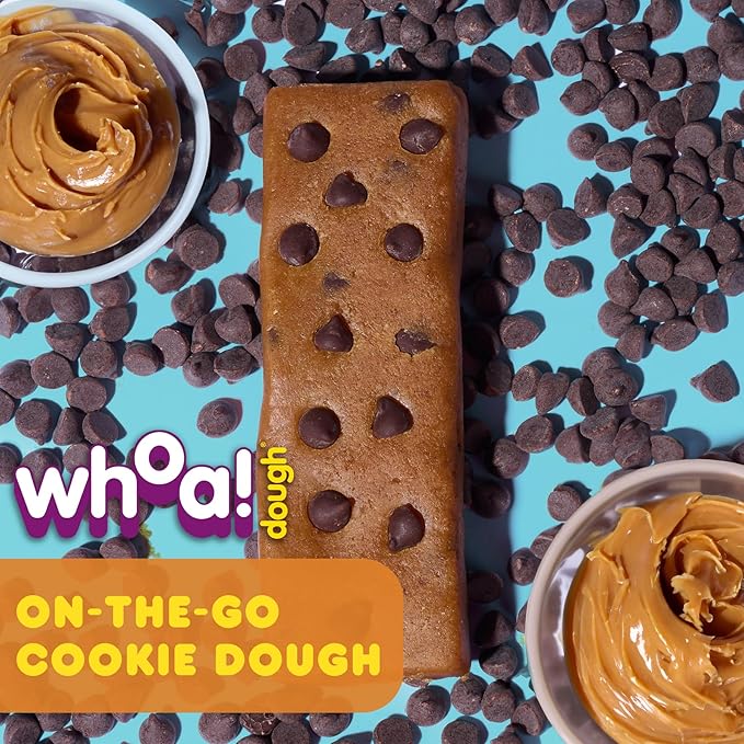 Whoa Dough Edible Cookie Dough Bars- Certified Non-GMO, Kosher and Gluten Free Bars - Healthy Snack Foods - Plant Based Snacks - Peanut Butter Chocolate Chip Cookie Dough - 4 Pack