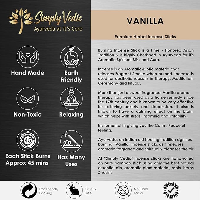Simply Vedic Vanilla Incense Sticks – 250g Pack (Approx. 135 Handmade Agarbatti + Free Holder) | Charcoal-Free | Natural Essential Oils for Meditation, Sleep, Mood, Yoga & Aromatherapy Use