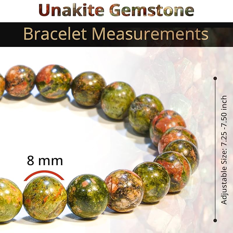 Genuine Unakite Bracelet, Natural Healing Crystal Bracelet for Women and Men, 8mm Round Beaded Bracelet for Relieve Stress, Depression, love, Elastic Adjustable Size Gemstone Bead Bracelet
