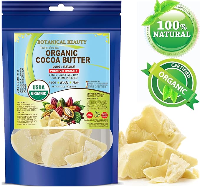 Botanical Beauty Organic COCOA BUTTER WILD GROWTH RAW VIRGIN UNREFINED from BRAZIL for Face, Skin, Hair, Body, Nails 4.23 oz 120 gram. Rich in Vitamin E