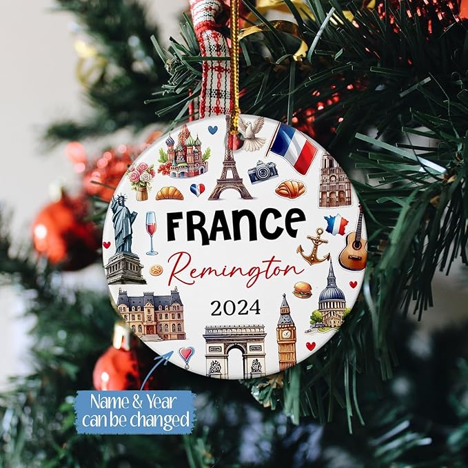 France Ceramic Ornament Christmas 2025, Personalized Paris Culture and Landmarks Xmas Decor, France City Souvenir Christmas Ornament Gifts for Traveller, Custom Name Classical France Ceramic Ornament