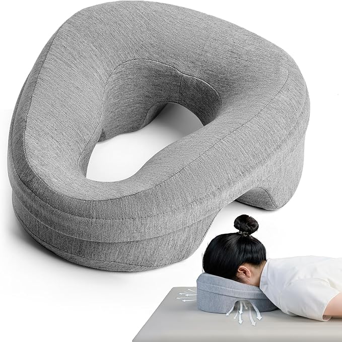 Face Down Pillow for Bed, Massage Headrest Face Pillow After Eye Surgery, Memory Post-Eye Recovery or Beach Tanning, Prone Sleepers with Breathable Design, Removable Grey Cover(Light Gray)