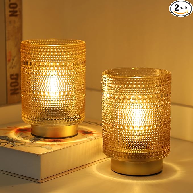 2 Pack Battery Operated Decorative Aesthetic Lamp with Timer for Dorm/Office/Patio/Bedside/,Small Cordless Table Lamps with LED Warm Bulb for Shelf/Coffee Table/Entryway/Mantle/Dresser Decor(Golden)