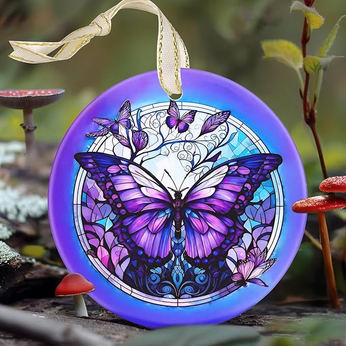 Butterfly Ceramic Christmas Ornament - 3.5 Inch Hanging Decoration for Christmas Tree, Gift Exchange or Holiday Presents