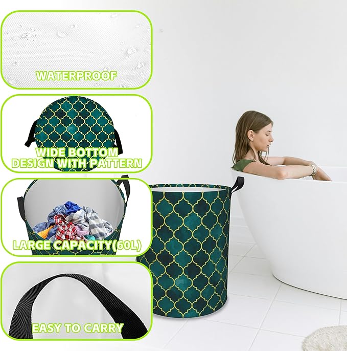 Laundry Basket Moroccan Mosaic Laundry Hamper Large Laundry Basket Storage Basket Tote Bag Collapsible Organizer Basket for Bathroom,Laundry,Bedroom 17.3 x16.5 Inch