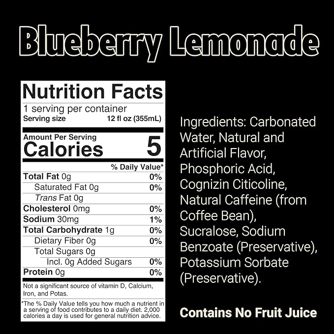 BUM Sugar-Free Energy Drink, Blueberry Lemonade - Lightly Carbonated & No Artificial Colors, Natural Caffeine & Citicoline for Energy & Focus, Brain Boost & Workout Sports Beverage - 12 oz, Pack of 12