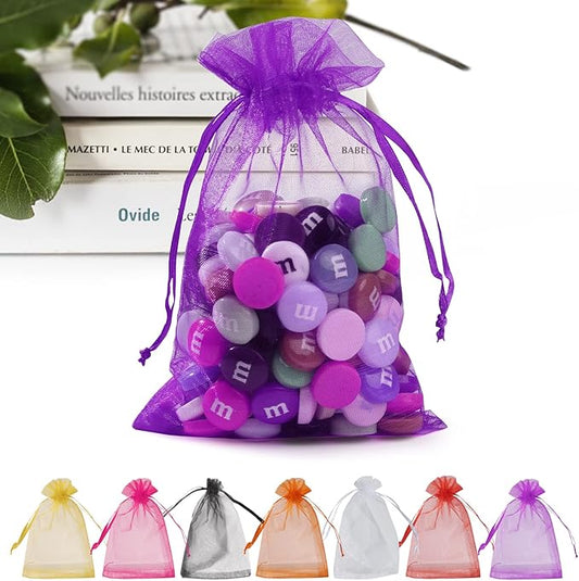 ANZNKU 50PCS Sheer Organza Bags, Premium Purple Organza Bags 5x7 Inch, Gift Bag Small Size for Halloween, Mesh Bag Candy Pouches, Small Mesh Pouches with Drawstring, Party Wedding Favor Pouch