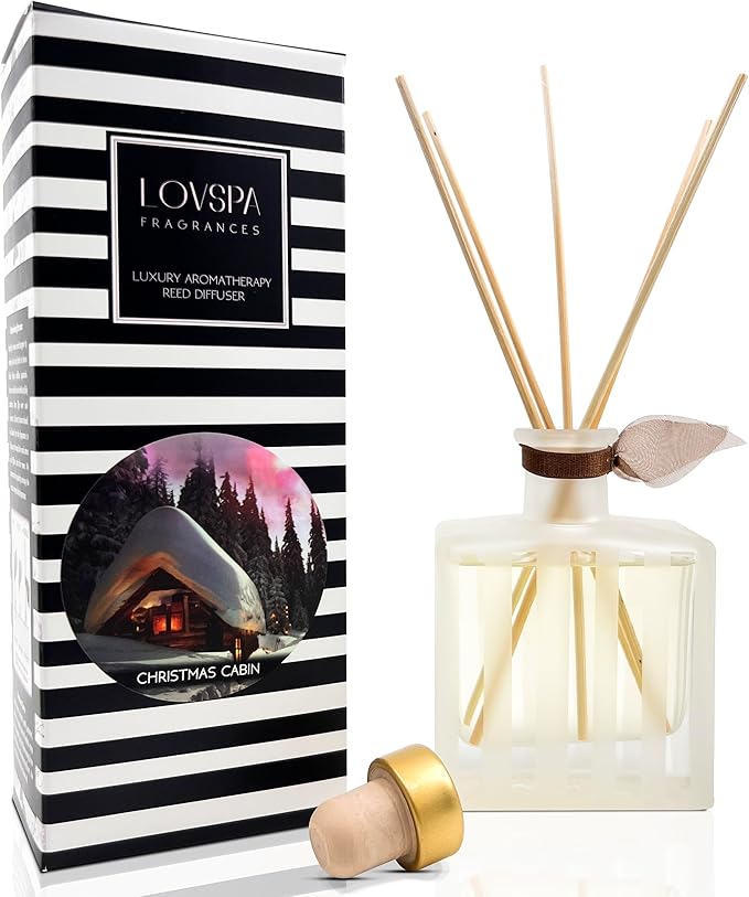 LOVSPA Reed Diffuser Set, Christmas Cabin Scented Oil Diffuser with Sticks, Home Fragrance Accessories for Bathroom Shelf Decor, Aroma Diffusers for Home or Office Desk, USA Made