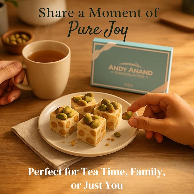 Andy Anand Chocolatier Gluten Free Roasted Pistachios Soft Nougat Brittle - Made in Europe Luxuriously Creamy Feel Almond Nougat Candy, Made With Wildflower Honey & Roasted Nuts (7 Oz)