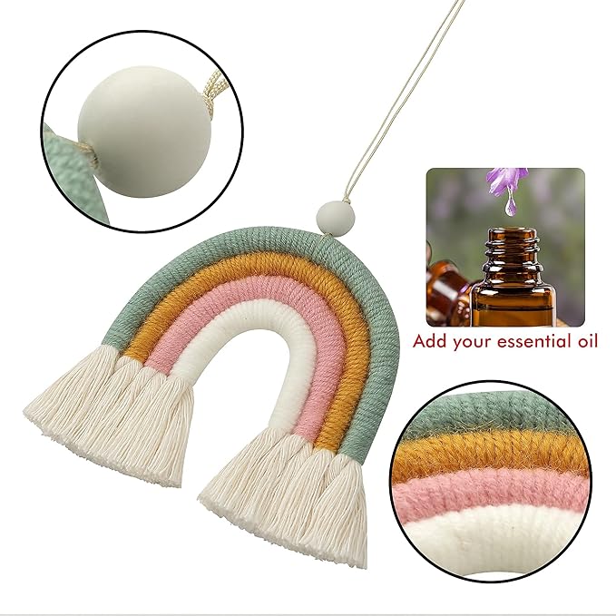 BOHO GARDEN Macrame Bohemian Rainbow Charm - Essential Oil Diffuser for Cars, Baby Nursery, Children’s Bedroom & Home Decor - Decorative Hanging Air Freshener & Accessories - Spring