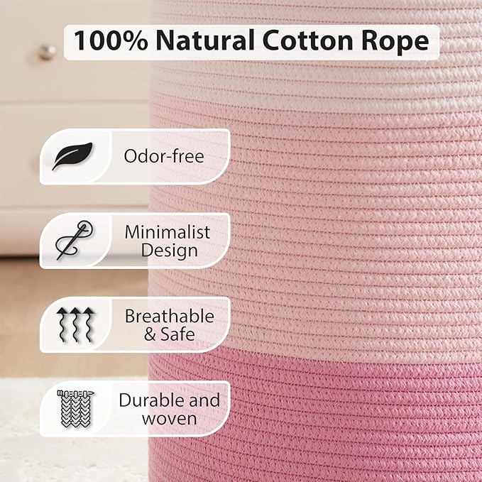 Fiona's magic Cotton Rope Laundry Hamper, Tall Woven Laundry Basket Storage, Baby Nursery Hamper for Blankets, Toys and Clothes Hamper for Bedroom and Living Room Organizing, 58L, Pink