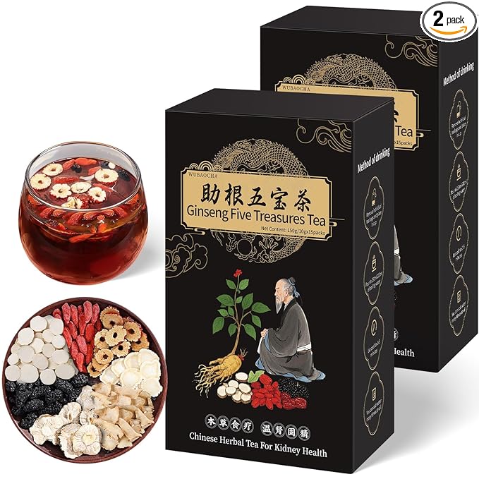 Ginseng Five Treasures Kidney Tea, Chinese Ginseng Six Treasure Tea Organic Cleanse Detox TeaBags for Women and Men's Kidney Health, 7 Precious Ingredients Formula