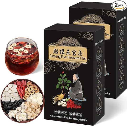 Ginseng Five Treasures Kidney Tea, Chinese Ginseng Six Treasure Tea Organic Cleanse Detox TeaBags for Women and Men's Kidney Health, 7 Precious Ingredients Formula
