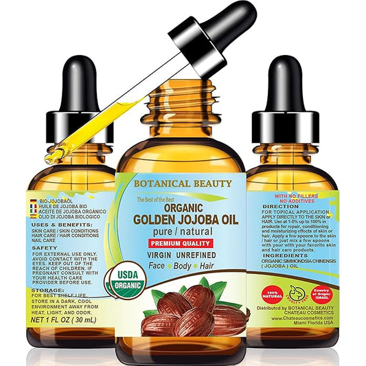 Botanical Beauty Organic JOJOBA OIL 100% Pure Natural VIRGIN UNREFINED Cold-Pressed Carrier Oil 1 Fl oz 30 ml for Face, Skin, Body, Hair, Lip, Nails. Rich in Vitamin E, Omega 6, Omega 9