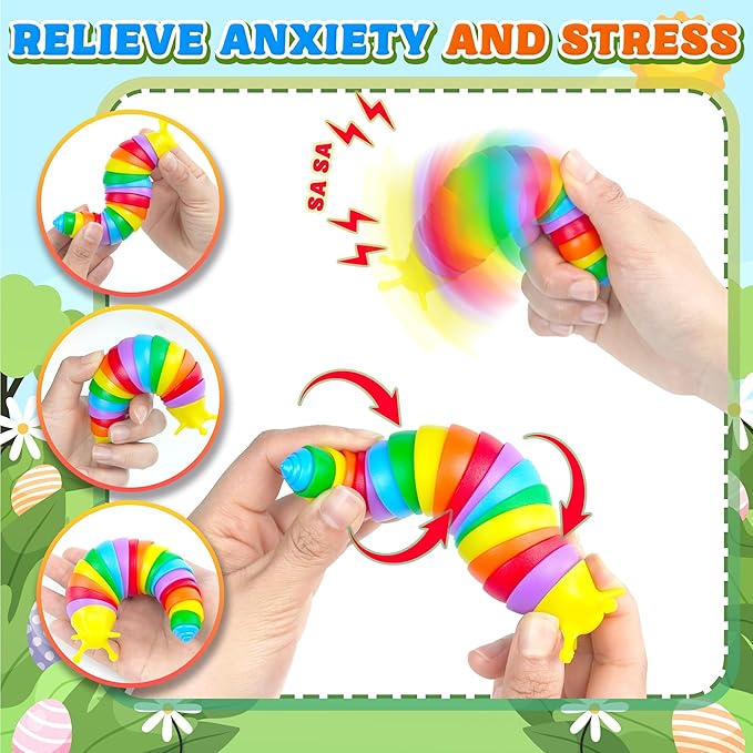 Baby Fidget Slug Sensory Toys Pack 3PCS, Airplane Travel Activities Road Trip Car Toy Autism Autistic for Toddler Kid ASMR Stuff Restaurant Adult ADHD Caterpillar Worm Christmas Stocking Stuffer Gift