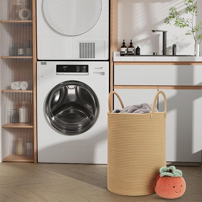 58L Cotton Rope Laundry Basket (20"x15"),Woven Basket for Storage Dirty Clothes Basket for Laundry, Living Room, Nursery, Bedroom Rope Storage Basket for Blankets（Brown）