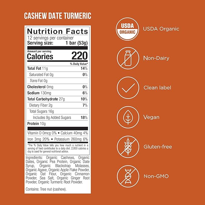 POSSIBLE Snack Bar - Organic Energy Bars with 10g of Plant-Based Protein - Vegan, Gluten-Free, Non-Dairy, USDA Organic - Healthy Fats - Clean Label - 1 Box, 12 Servings - Cashew Date Turmeric