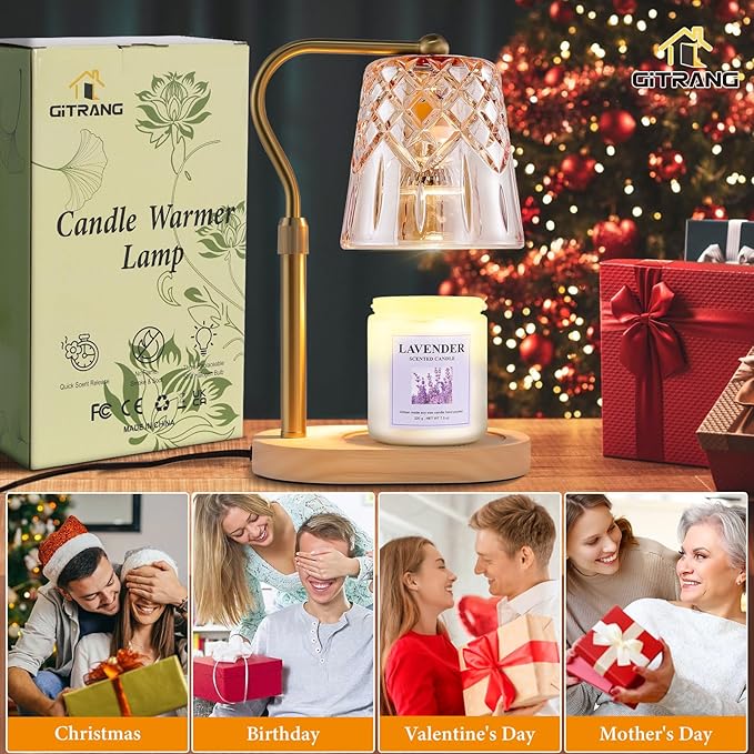 Candle Warming Lamp with Timer Dimmer, Adjustable Height Electric Wax Melt Warmer for Jar Candles with 3 Bulbs, Mother's Day Women's Home Decor Gift, Oval Base with Copper Color Pole