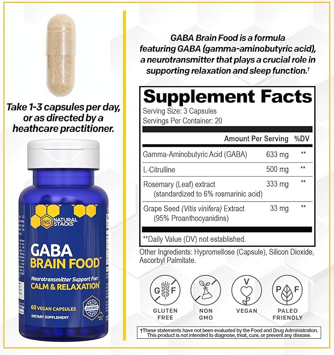 GABA Brain Food - GABA Supplement with L-Citrulline & Grape Seed Extract - Supports Calm & Relaxation - Nighttime Sleep Aid - Supports Production of Gamma Aminobutyric Acid - 120 L-Citrulline Capsules