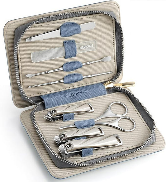 8-Piece Manicure Pedicure Set-Stainless Steel Nail Clippers Toenail Fingernail Cutters with Travel Case Complete Grooming Kit (Blue)