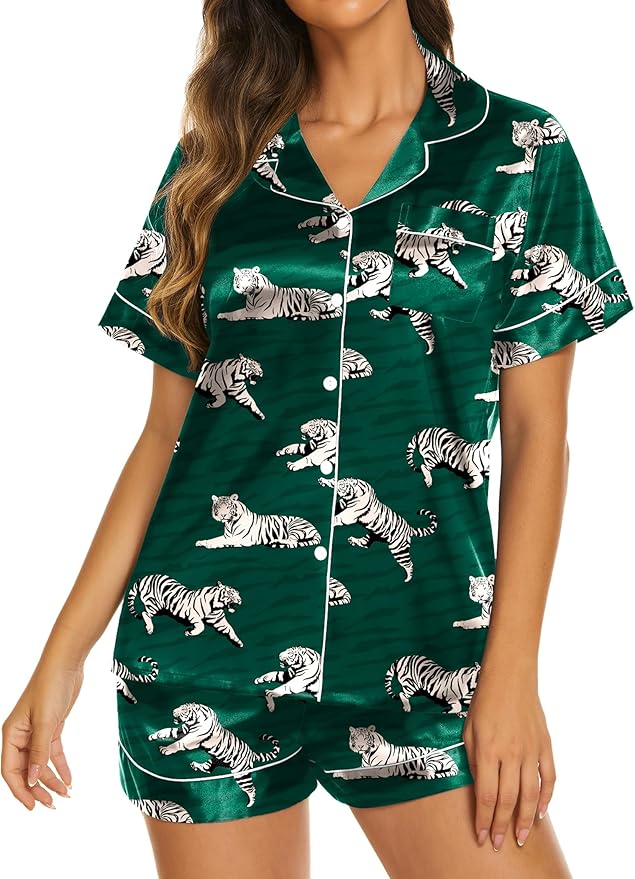 Ekouaer Silk Pajamas for Women Short Sleeve Sleepwear Soft Button Down Loungewear 2 Piece Satin Pjs Shorts Set S-XXL