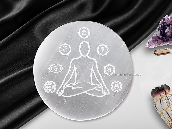 Amazing Gemstone Selenite Crystal Charging Plate For Crystals And Healing Stones, 3" Selenite Crystal Plate Engraved Buddha Coaster For Home, Office Table Decor (Selenite Round Disc)