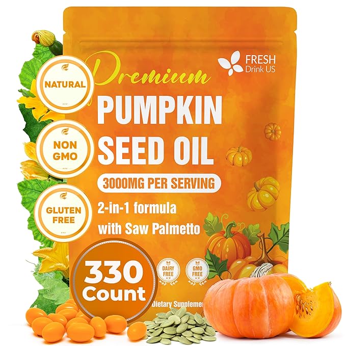 FRESHDRINKUS, 330 Premium Pumpkin Seed Oil Softgels with Saw Palmetto, 3000mg Per Serving, Cold Pressed, Pure Virgin Oil, Great Hair Support, Non-GMO, Gluten-Free, Vegan