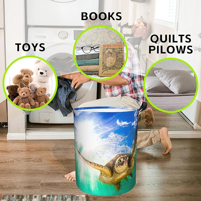 Hawaiian Green Sea Turtle Laundry Basket Foldable Laundry Hamper Waterproof Oxford Cloth Large Laundry Basket Clothes Storage Bucket Toy Organizer For Bathroom,Laundry,College 17.3 x16.5 Inch